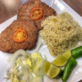 Angara Kabab & Karahi - Chapli kebab plate with kabuli pulao and salad -- decent $10.99 value! - Halal Near Me - Houston, Texas