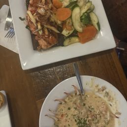 Honey Chipotle Glazed Cedar Plank Salmon, crab fingers