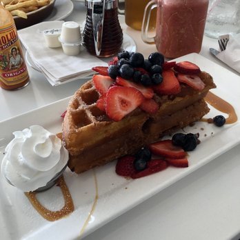 Eggsperts Cafe - Churro Waffle + Strawberry Sunshine Smoothie in the background. Super great! - Breakfast & Brunch Near Me - Orland Park, Illinois Eggsperts Cafe - Churro Waffle + Strawberry Sunshine Smoothie in the background. Super great! - Breakfast & Brunch Near Me - Orland Park, Illinois