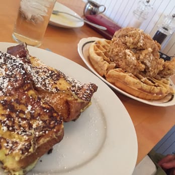 Morgans Restaurant - Mascarpone and raspberry filled French toast. Chicken and waffles. - New American Near Me - Miami, Florida Morgans Restaurant - Mascarpone and raspberry filled French toast. Chicken and waffles. - New American Near Me - Miami, Florida