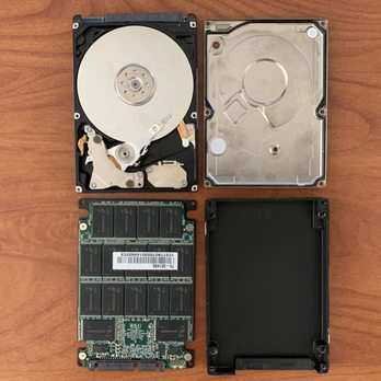 White Flag Computing - Mechanical hard drive (top) vs SSD (bottom).  Note: Both of these drives failed - IT Services & Computer Repair Near Me - El Segundo, California