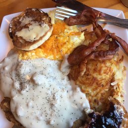 Chicken fried steak,eggs,bacon, hash browns Chicken fried steak,eggs,bacon, hash browns