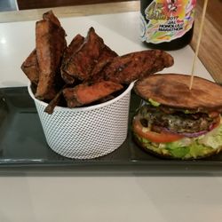 Sweet potato chips, crispy, and my burger