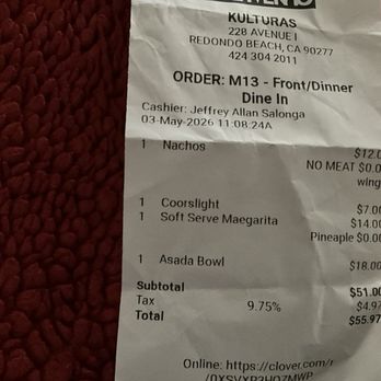 Kalaveras - Receipt - Cocktail Bars Near Me - Redondo Beach, California