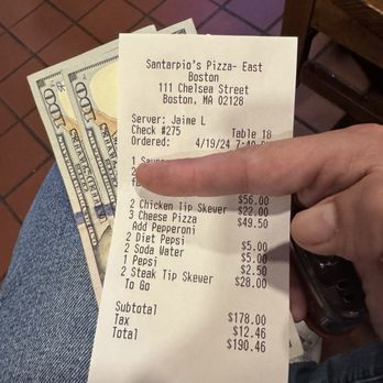 Santarpio's Pizza - Are bill with take out not to bad - Pizza Near Me - Boston, Massachusetts Santarpio's Pizza - Are bill with take out not to bad - Pizza Near Me - Boston, Massachusetts