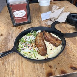 Polenta and eggs with pork belly