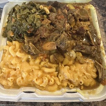 Ashabee Cuisine - Curry Goat, Mac and Cheese,  and greens. - Caribbean Near Me - Brookhaven, Pennsylvania