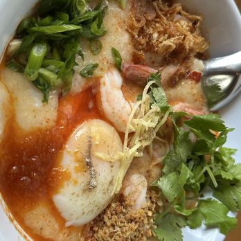 Secret Congee - Tom Yum Shrimp Congee with soft-boiled egg - Asian Fusion Near Me - Seattle, Washington