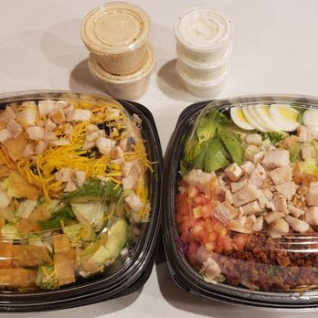 Farmer Boys - Southwest Chicken Salad and Chopped Cobb Salad with dressings (left to right) - Breakfast & Brunch Near Me - Las Vegas, Nevada