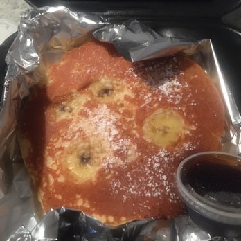 Aloha Stacks - Banana Mac'Nut Banana Pancake - boysenberry syrup and coconut syrup (on the far left corner) for the win ! - Breakfast & Brunch Near Me - Mission Viejo, California