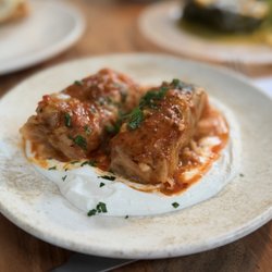 Lahana sarma : hand-rolled shite cabbage, ground beef and rice, garlic lahneh