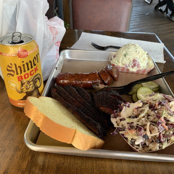 Dayne's Craft Barbecue - Brisket, sausage, apple slaw,loaded potato salad and a cold Shiner Bock. - Barbeque Near Me - Aledo, Texas