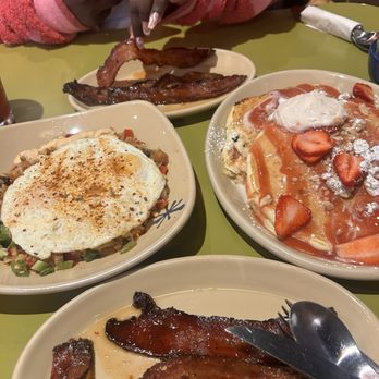 Snooze, an A.M. Eatery - Strawberry Shortcake Pancakes Bacon But Different Habanero Pork Belly Breakfast Fried Rice* - Breakfast & Brunch Near Me - Cedar Park, Texas