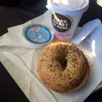 Dunkin' - 99 cents Dark Roast coffee (promotion is over!) and an Everything Bagel with Reduced Fat Plain Cream Cheese on the side. - Donuts Near Me - Providence, Rhode Island