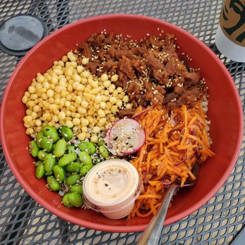 Old Abe Coffee - served with carrots, edamame, crunchy bits, and a spicy sauce.  Korean BBQ Bugolgi Bowl - Coffee & Tea Near Me - Rochester, Minnesota