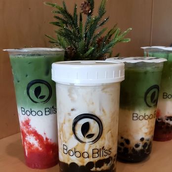 Boba Bliss - Strawberry matcha latte, brown sugar pearl fresh milk in store glass container, and matcha latte with pearls. - Bubble Tea Near Me - Dublin, California