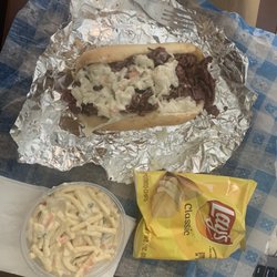 PaPa Q's - Pastrami cheese steak half sandwich and macaroni salad
