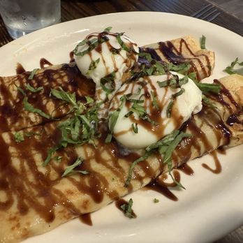 Egg Plantation - Savory Crepes. Pancetta with balsamic glaze and poached eight. - Breakfast & Brunch Near Me - Newhall, California Egg Plantation - Savory Crepes. Pancetta with balsamic glaze and poached eight. - Breakfast & Brunch Near Me - Newhall, California