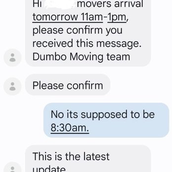 Dumbo Moving & Storage - Text message conversation with a D.M. representative. The blue text is my S.O. reply. - Movers Near Me - Brooklyn, New York