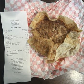 Tacos El Superior - Receipt shows rice and bean burrito and they gives a bean and cheese burrito - Mexican Near Me - Azusa, California Tacos El Superior - Receipt shows rice and bean burrito and they gives a bean and cheese burrito - Mexican Near Me - Azusa, California