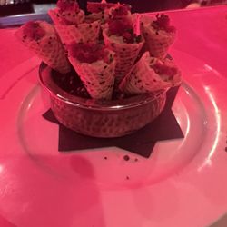 Tellers Next Door - Hummus with roasted tomatoes served in sugar cone
