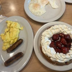 Elmer's Restaurant - Strawberry Waffles and chicken sausage and choice of eggs