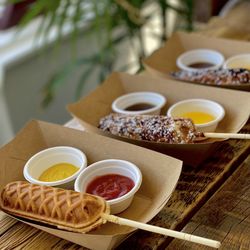 Devons Waffles And Espresso - Corn dog, Cinnamon swirl, Blueberry corn bread