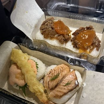 Onigiri Onibe - Beef sukiyaki with egg, shrimp tempura and mentaiko, smoked salmon with yuzu cream cheese - Japanese Near Me - Honolulu, Hawaii Onigiri Onibe - Beef sukiyaki with egg, shrimp tempura and mentaiko, smoked salmon with yuzu cream cheese - Japanese Near Me - Honolulu, Hawaii