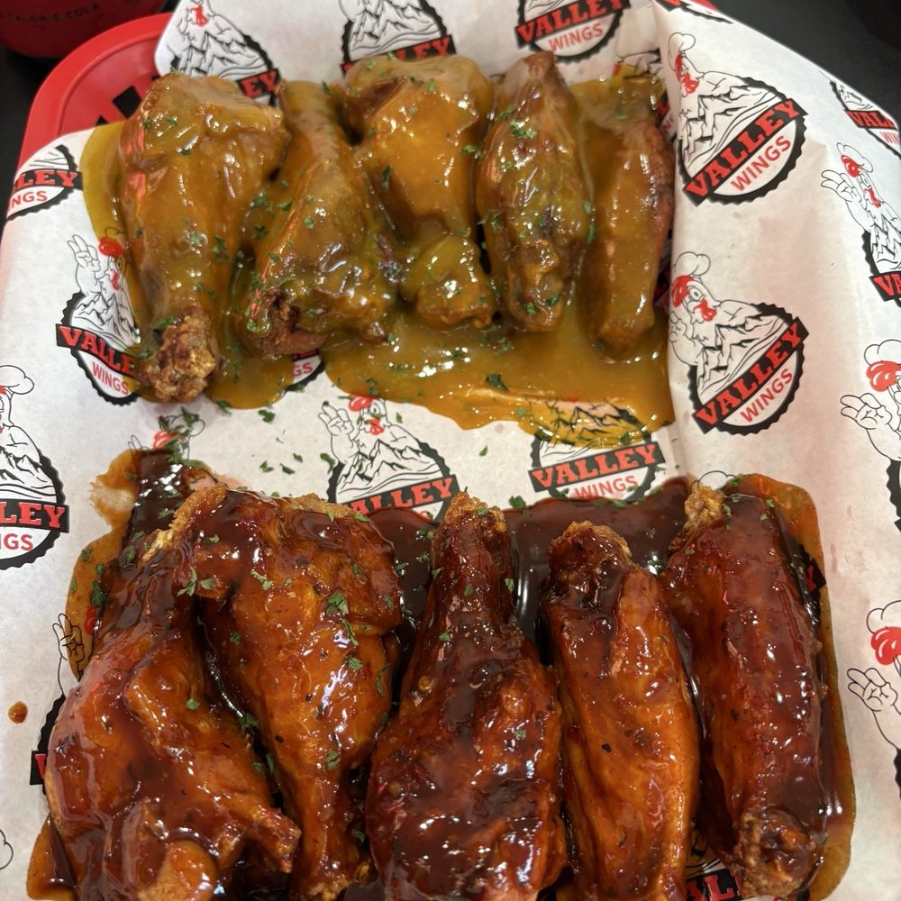 Valley Wings - Bottom- Korean bbq -typical & top- valley gold very good sweet hit of spice - Chicken Wings Near Me - Scottsdale, Arizona Valley Wings - Bottom- Korean bbq -typical & top- valley gold very good sweet hit of spice - Chicken Wings Near Me - Scottsdale, Arizona