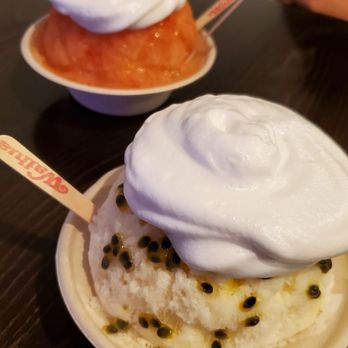Wailua Shave Ice - Guava (top) and passion fruit with vanilla milk (bottom). - Shaved Ice Near Me - Kapaa, Hawaii Wailua Shave Ice - Guava (top) and passion fruit with vanilla milk (bottom). - Shaved Ice Near Me - Kapaa, Hawaii