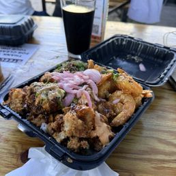 This is the 3 protein meal, shrimp, kalua pork and the Karage chicken This is the 3 protein meal, shrimp, kalua pork and the Karage chicken