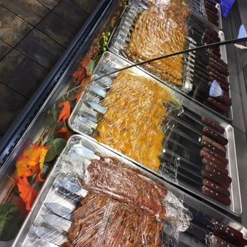 Riaz Kabab - Kebab skewers on display waiting to hit the grill.... Good stuff folks! Mouth watering - Halal Near Me - Laval, Quebec