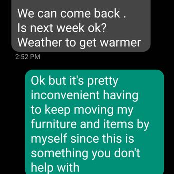 Mak Cleaning - A screenshot of a text message conversation between a customer and a cleaning service. The customer discusses rescheduling a cleaning appointment due to weather and expresses difficulty in moving furniture alone. The service provider responds about returning next week and mentions weather conditions. The conversation is displayed on a smartphone screen with typical messaging app interface elements. - Office Cleaning Near Me - Denver, Colorado