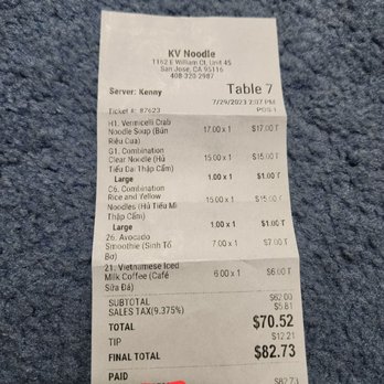 KV Noodle - Receipt with unexplained or faulty math - Vietnamese Near Me - San Jose, California KV Noodle - Receipt with unexplained or faulty math - Vietnamese Near Me - San Jose, California