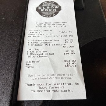 Elbow Room - Lunch bill.  A little on the high side, but reasonable - Chicken Wings Near Me - Cedarburg, Wisconsin