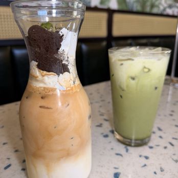 Popping Yolk Cafe - Potted Plant Coffee & Green Tea Latte - Cafes Near Me - Ontario, California