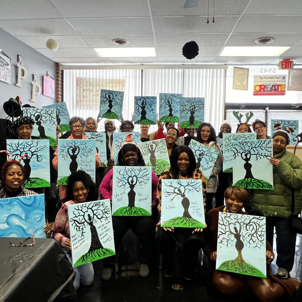 Painted Pearls Paint Studio - Group picture with completed paintings - Paint & Sip Near Me - Columbus, Ohio Painted Pearls Paint Studio - Group picture with completed paintings - Paint & Sip Near Me - Columbus, Ohio