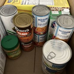 Buena Park Community Center - Canned beans, canned chicken, canned peaches, canned yams, milk, peanut butter, rice, and toasted oats cereal