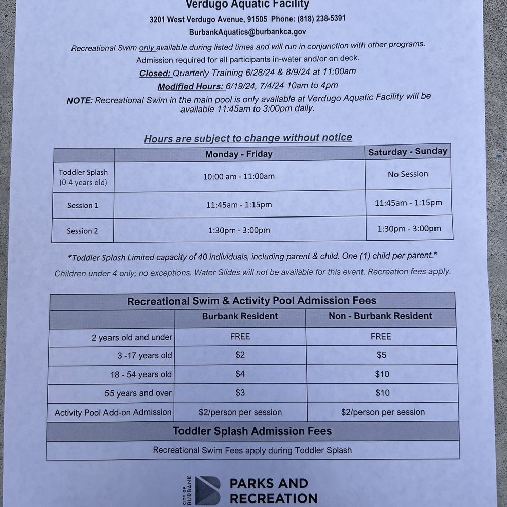 Recreational swimming schedule and prices. May 27, 2024 - August 19, 2024. Recreational swimming schedule and prices. May 27, 2024 - August 19, 2024.