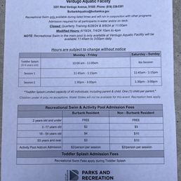 Recreational swimming schedule and prices.   May 27, 2024 - August 19, 2024.