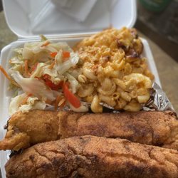 Dutchess Delights - Fried Fish (Whiting) Baked Mac and cheese and Steamed cabbage