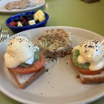Snooze, an A.M. Eatery - Avocado Benny on GF Toast with Side of Fruit - Breakfast & Brunch Near Me - Kyle, Texas Snooze, an A.M. Eatery - Avocado Benny on GF Toast with Side of Fruit - Breakfast & Brunch Near Me - Kyle, Texas