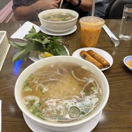 Two beef brisket phos (one of them with the special combo 2 that includes spring rolls and Thai tea)