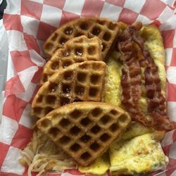 Art's Kitchen - Sausage, egg and cheese omelette, bacon, waffles and hash browns.