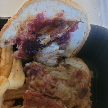 Denny's - Take out Turkey Feast sandwich, but where is the turkey? The only turkey this half had was 2 little pieces stuck to the cranberry. - American Near Me - Glendale, Arizona Denny's - Take out Turkey Feast sandwich, but where is the turkey? The only turkey this half had was 2 little pieces stuck to the cranberry. - American Near Me - Glendale, Arizona