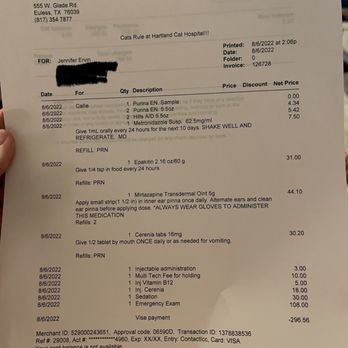 Hartland Cat Hospital - Receipt showing fee for sedation - Veterinarians Near Me - Grapevine, Texas Hartland Cat Hospital - Receipt showing fee for sedation - Veterinarians Near Me - Grapevine, Texas