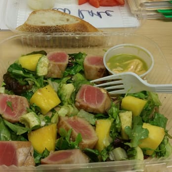 Sweet Basil's Cafe - Takeout- Medium Rare Yellow Fin Tuna Salad. Huge chunks of Avocado, Mango and tomato.I highly recommend it! - New American Near Me - Livingston, New Jersey Sweet Basil's Cafe - Takeout- Medium Rare Yellow Fin Tuna Salad. Huge chunks of Avocado, Mango and tomato.I highly recommend it! - New American Near Me - Livingston, New Jersey