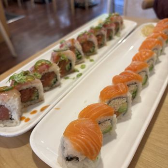 Ramen Nori - Perfect Hamachi Roll ($18, left) and Salmon Lover Roll ($17, right) - Sushi Bars Near Me - Bellevue, Washington