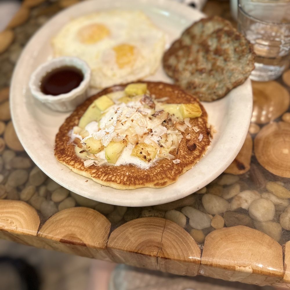 Green Zebra Cafe - The Real Deal with chicken sausage and toasted pineapple coconut pancake. - Juice Bars & Smoothies Near Me - Sarasota, Florida Green Zebra Cafe - The Real Deal with chicken sausage and toasted pineapple coconut pancake. - Juice Bars & Smoothies Near Me - Sarasota, Florida