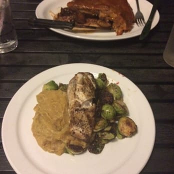 Blue Collar - Grilled Mahi-Mahi with Caramelized Onions & curry Cauliflower puree... Foreground: Spare Rib special! - Comfort Food Near Me - Miami, Florida